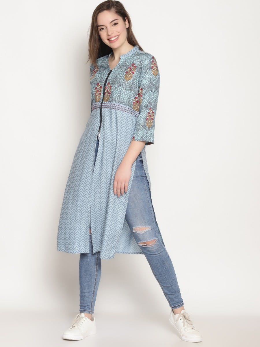 Get Blue Floral Print Long Tunic at ₹ 899