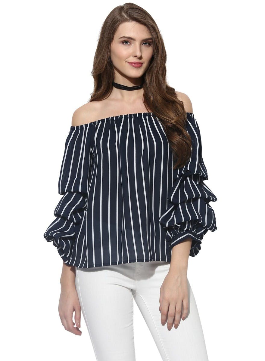 Get White Stripes Off-Shoulder Top at ₹ 560 | LBB Shop