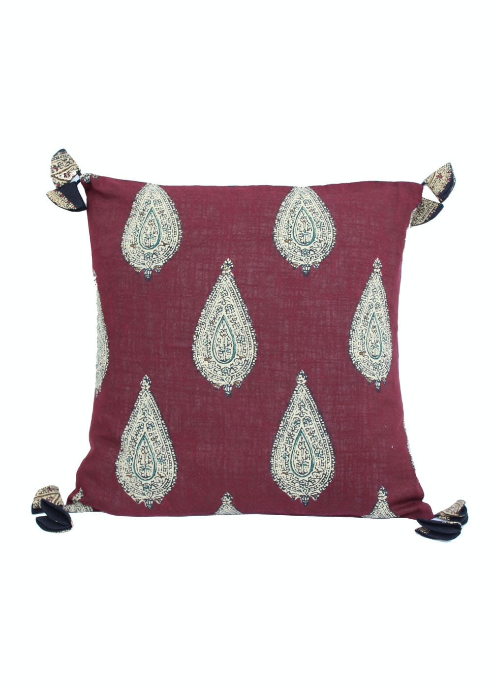 Paisley Kalamkari Patch & Tassel Detail Cushion Covers - Maroon