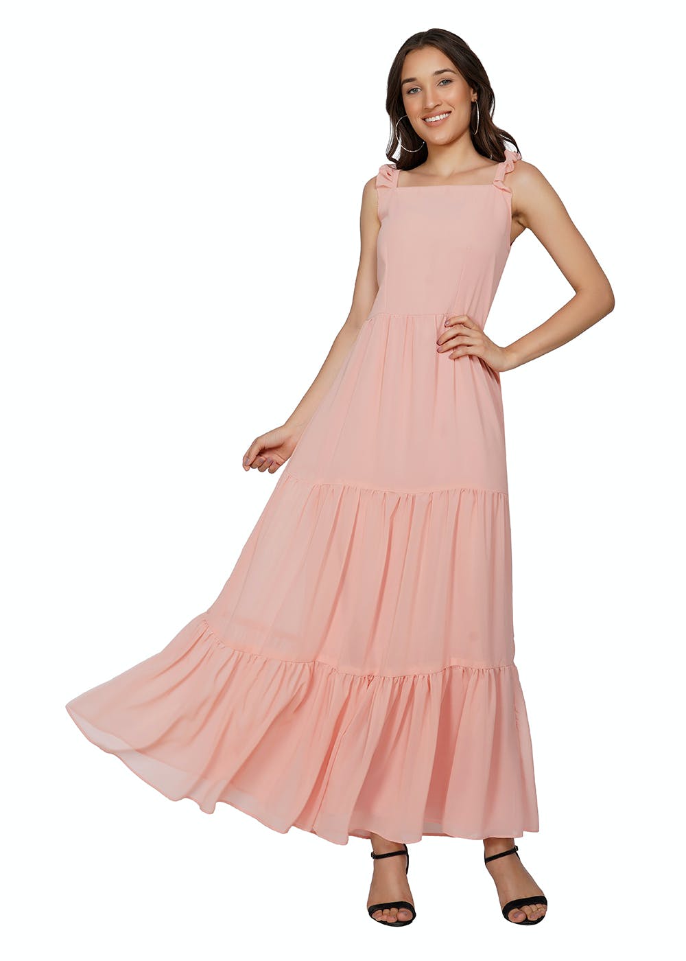 Ruffled Shoulder Strap Detail Peach Georgette Layered Dress