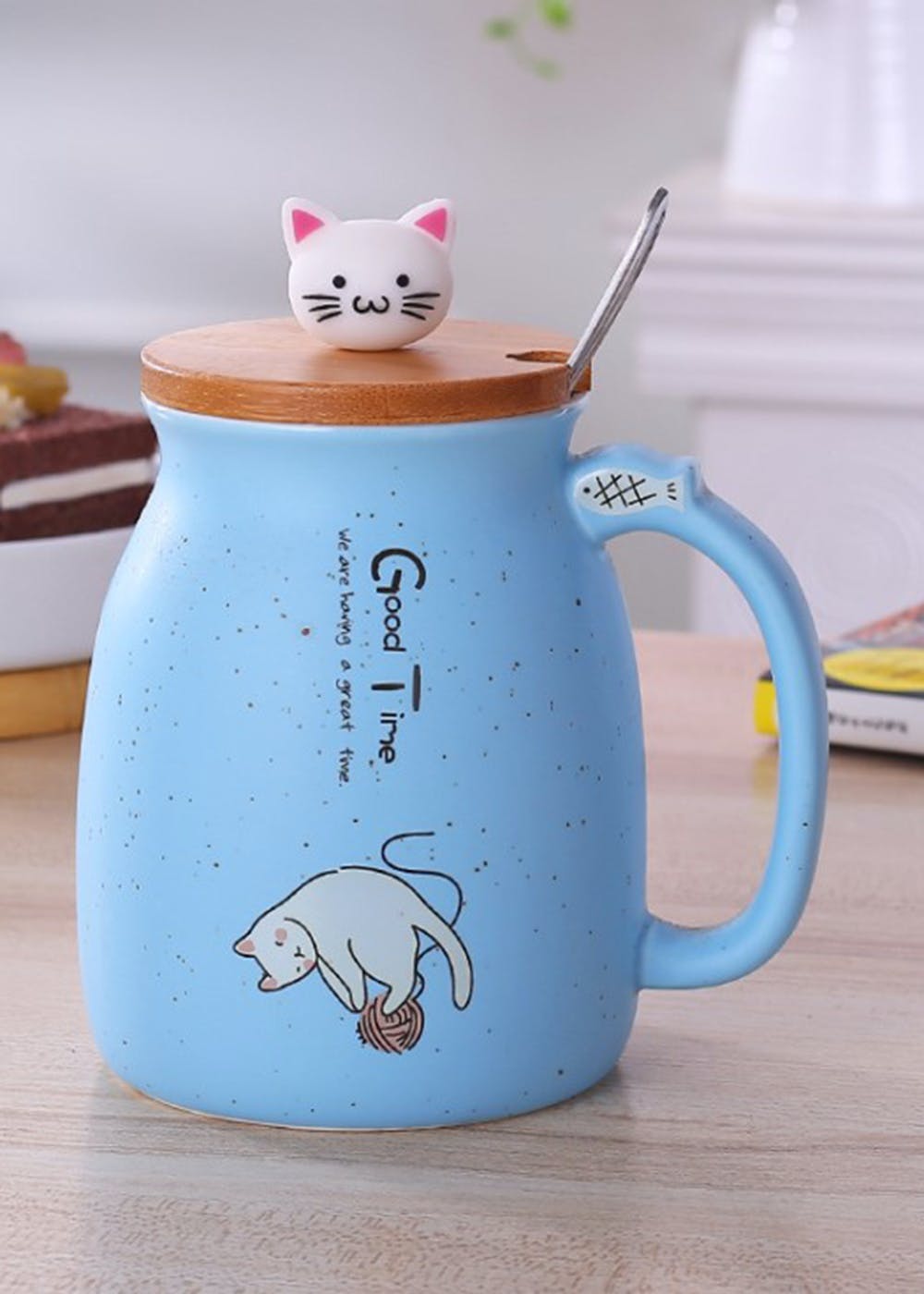 Ceramic Cat Mug With Lid - Blue