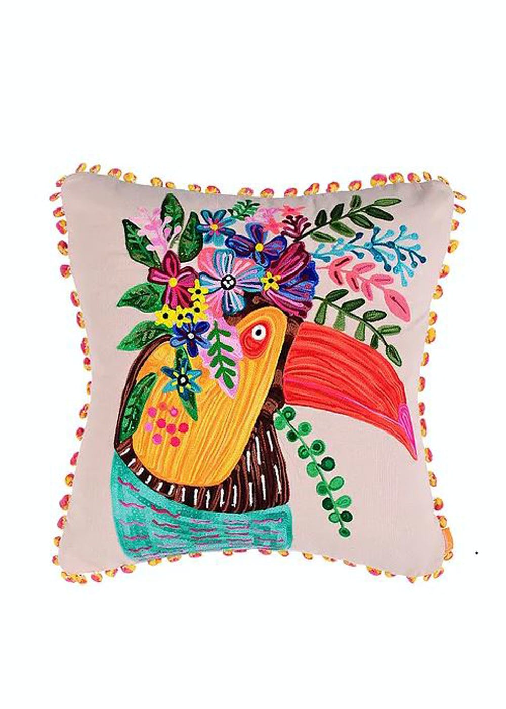 Toucan Off-White Crewel-Embroidered Cotton Cushion Cover