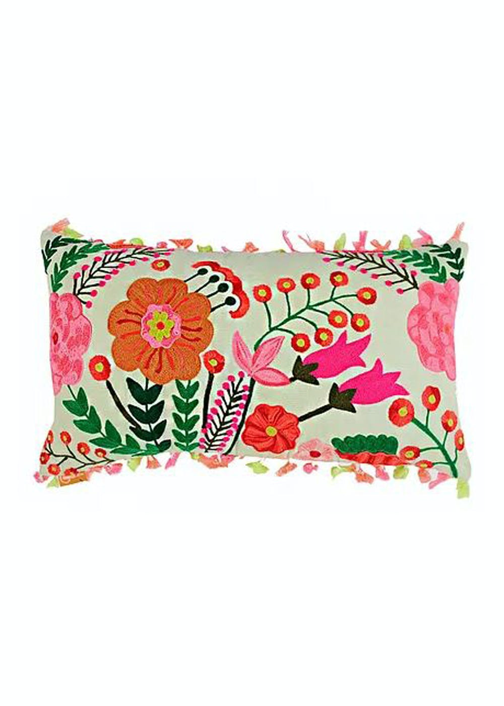 Floral Green Crewel-Embroidered Cotton Cushion Cover