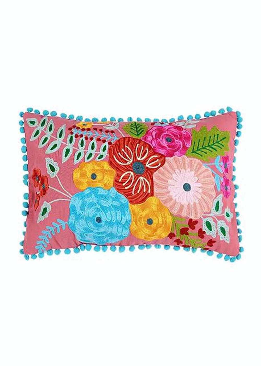 Frida Kahlo Inspired Lavender Crewel-Embroidered Cotton Cushion Cover