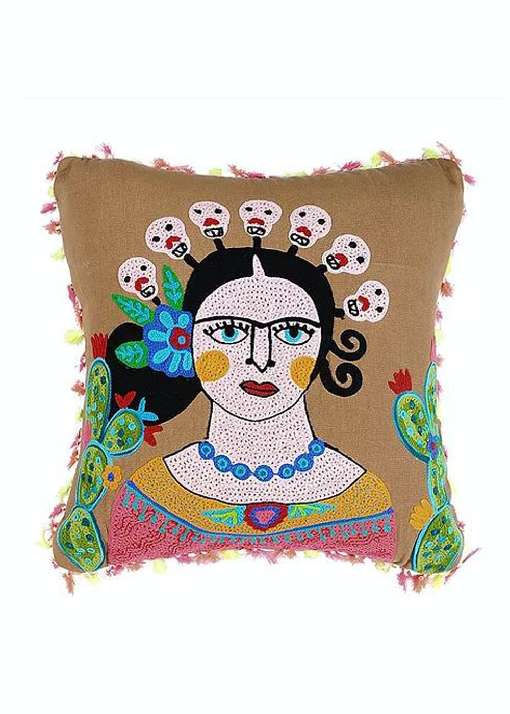 Frida Kahlo Inspired Brown Crewel-Embroidered Cotton Cushion Cover