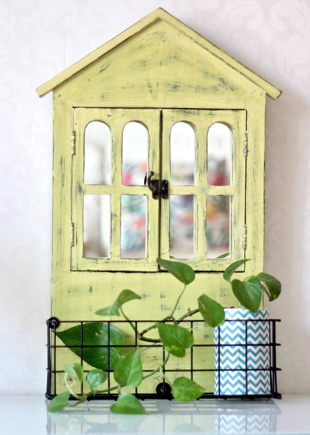 House Mirror Window Frame with Basket - Yellow