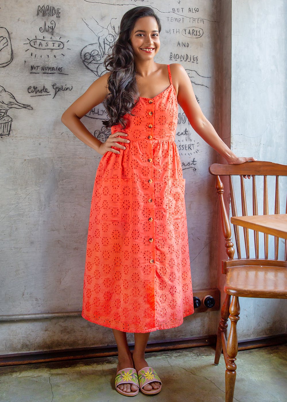 Strappy Self Design Tangerine A-Line Dress