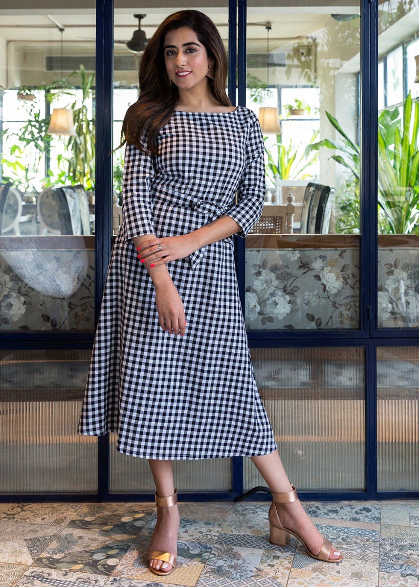 Chequered Monochrome Dress with Belt