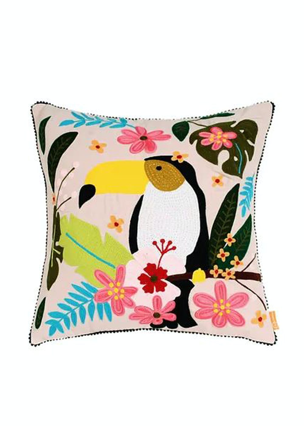 Tucan Off-White Hand Crewel-Embroidered Cotton Cushion Cover