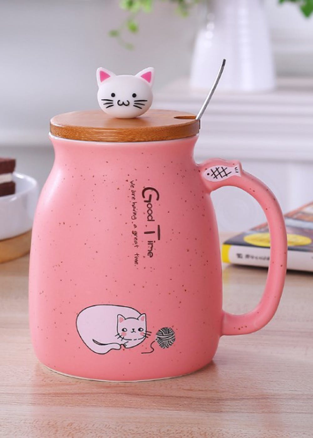 Ceramic Cat Mug With Lid - Pink