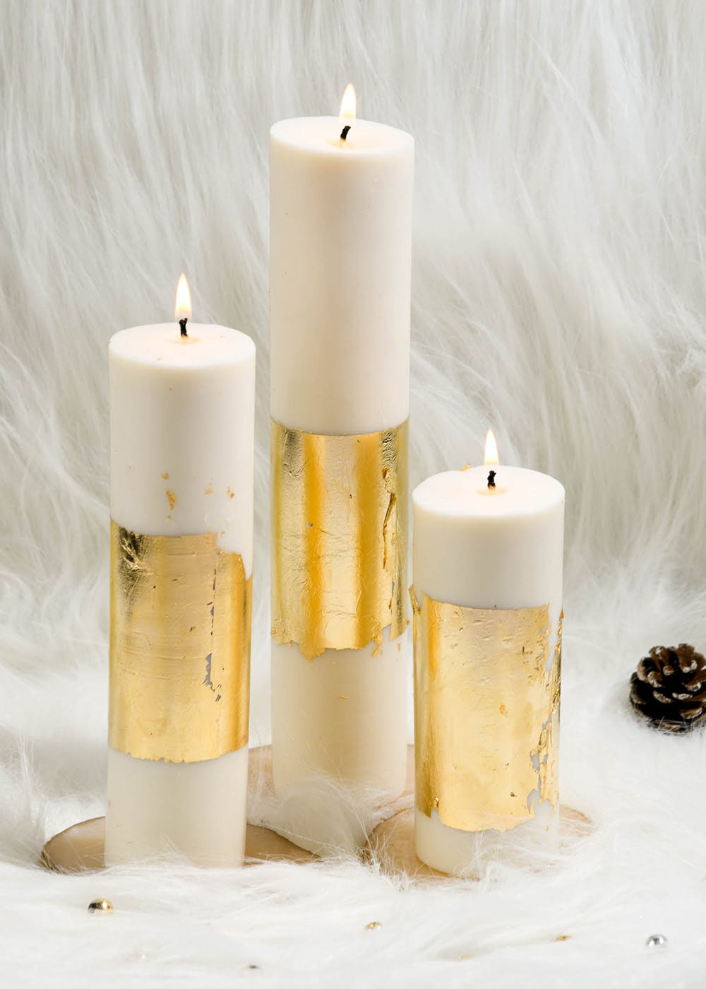 Get Peace - Set Of 3 White Gold Pillar Candles - Cinnamon Roll Scented ...