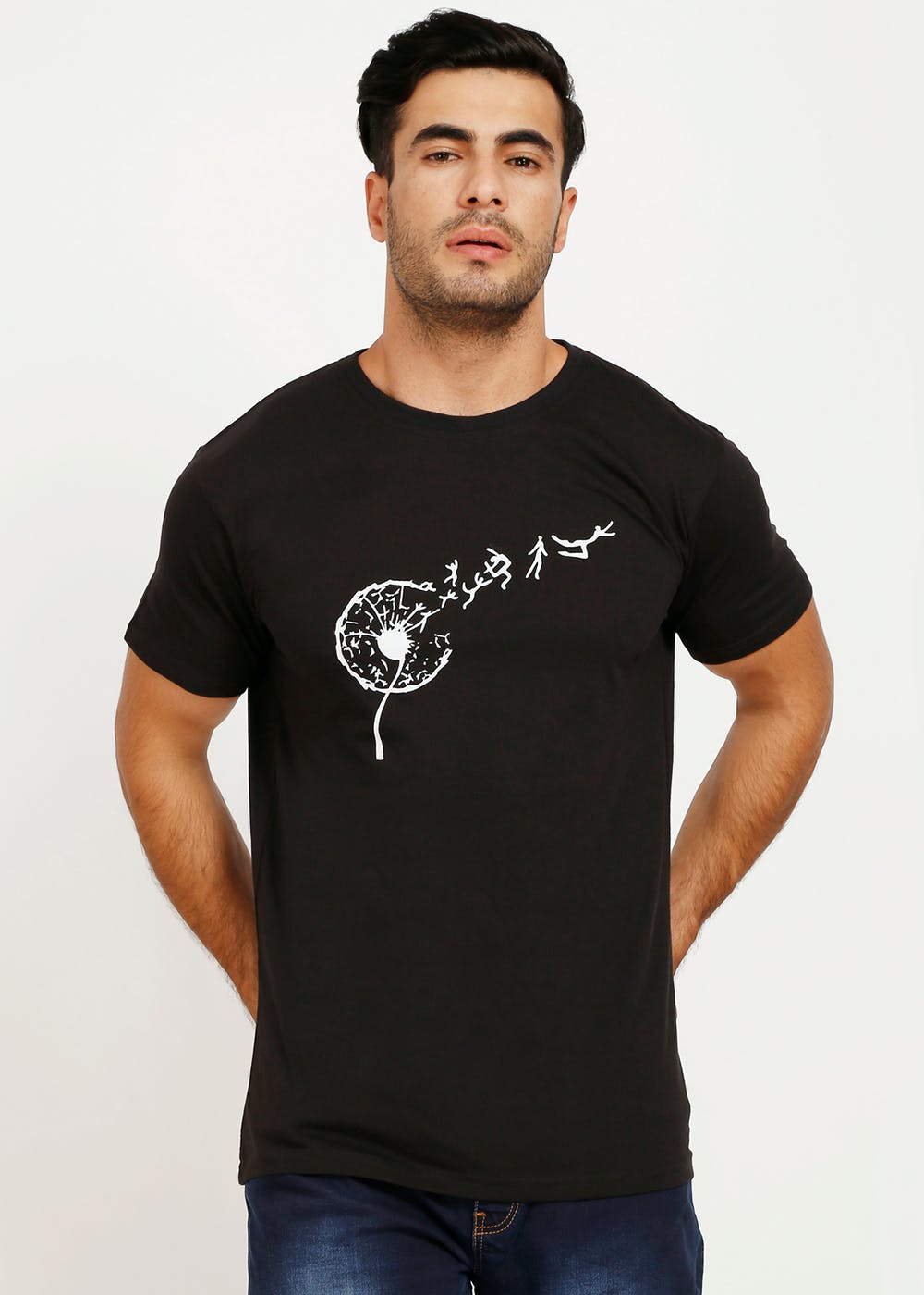 Dandelion Graphic Solid Crew Neck T-Shirt - Black