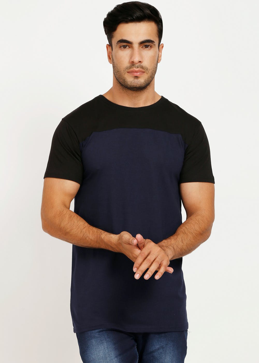 Get Contrast Shoulders Detail Navy Solid T-shirt At ₹ 599 