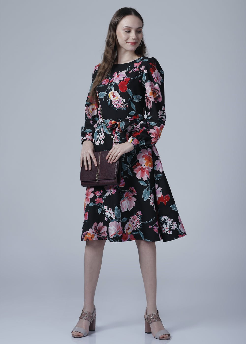 Valbone Women's Black Floral Viscose Rayon Printed Dress With Matching –  valbone