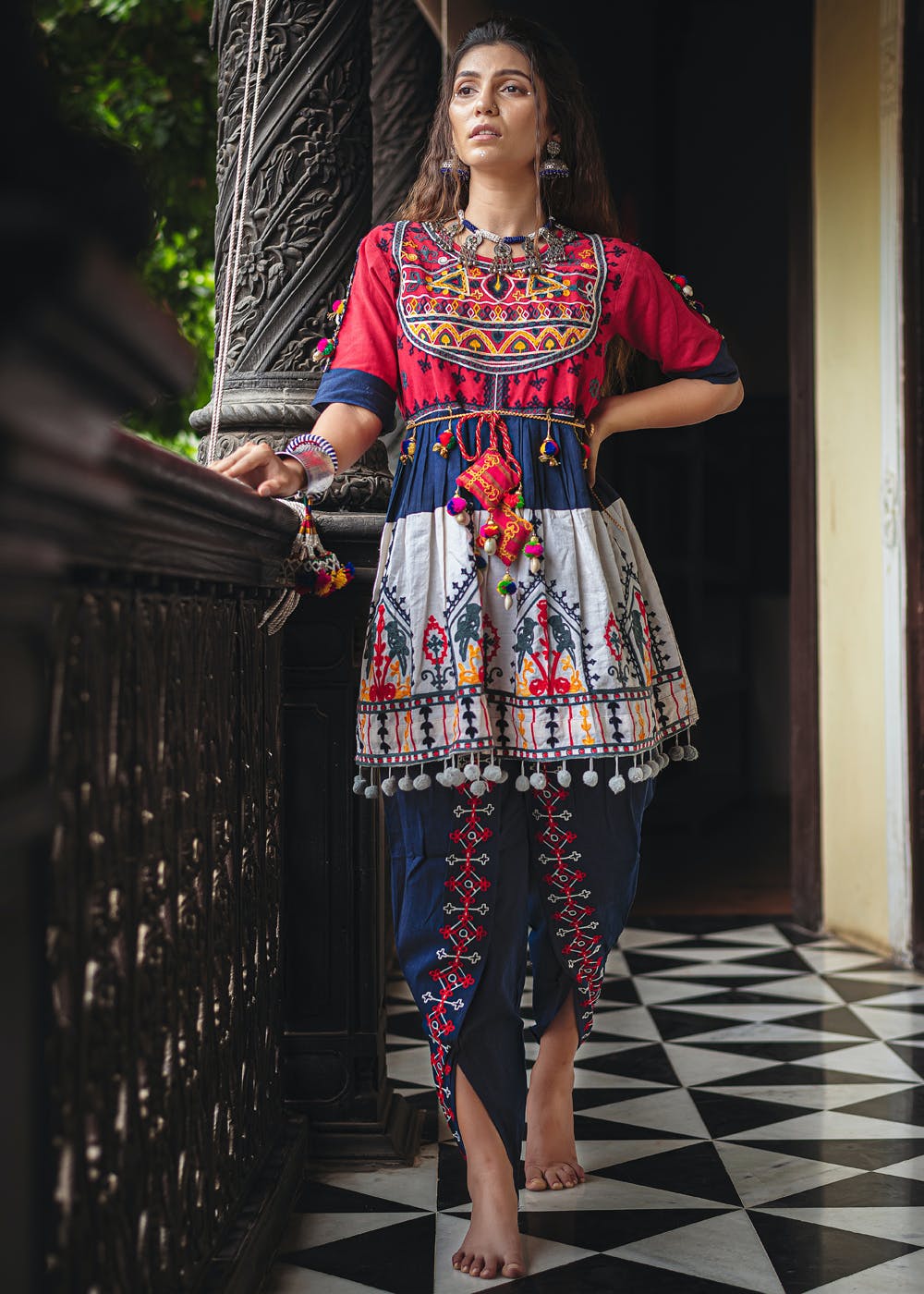 Blue Handblock Printed Cotton V Neck Line With Stand Collar Blouse – TJORI