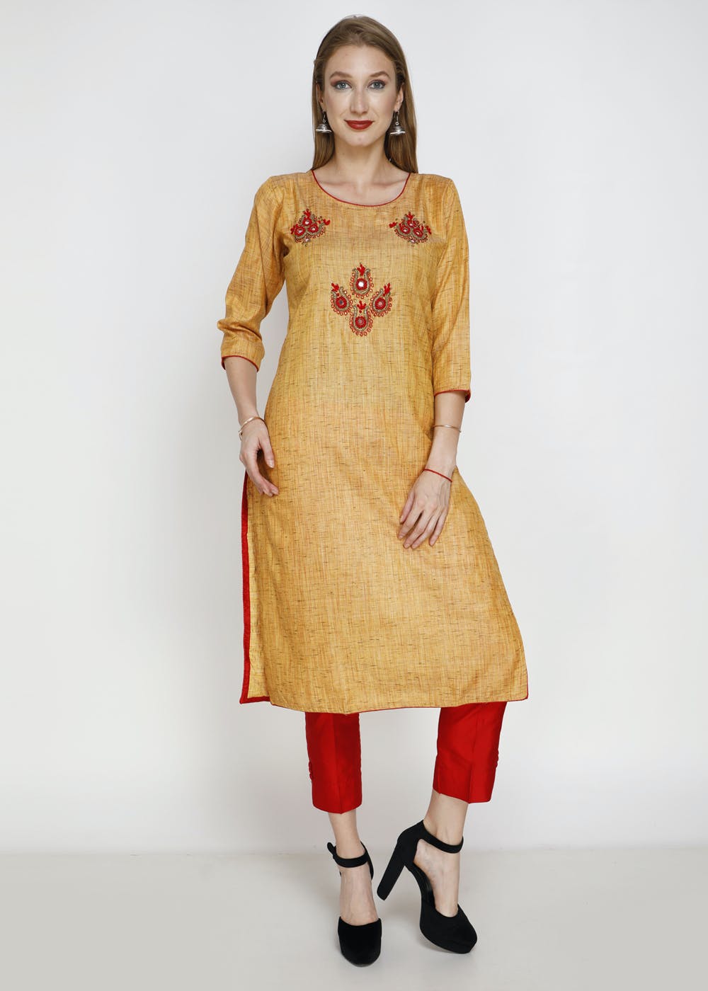 Get Mustard Hand Embroidered Mirror Work Kurta at ₹ 1299 LBB Shop