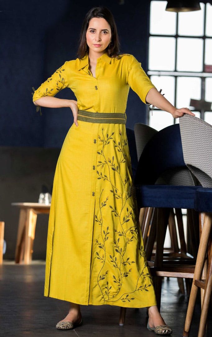Leaf Embroidered Yellow Maxi Dress - Yellow