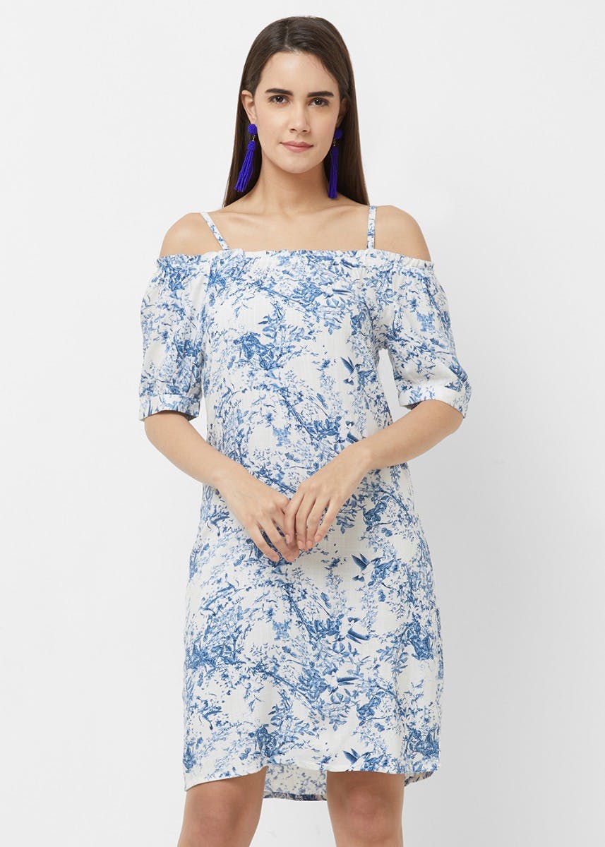 Blue Printed Off-Shoulder Dress