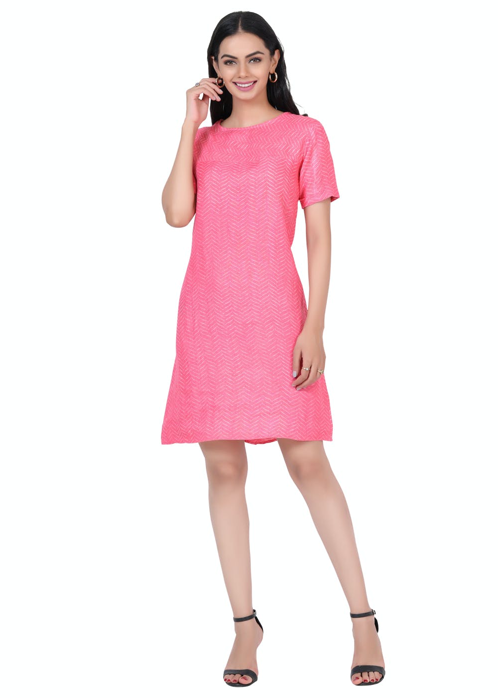 Contrast Zig Zag Line Detail Pink A-Line Dress