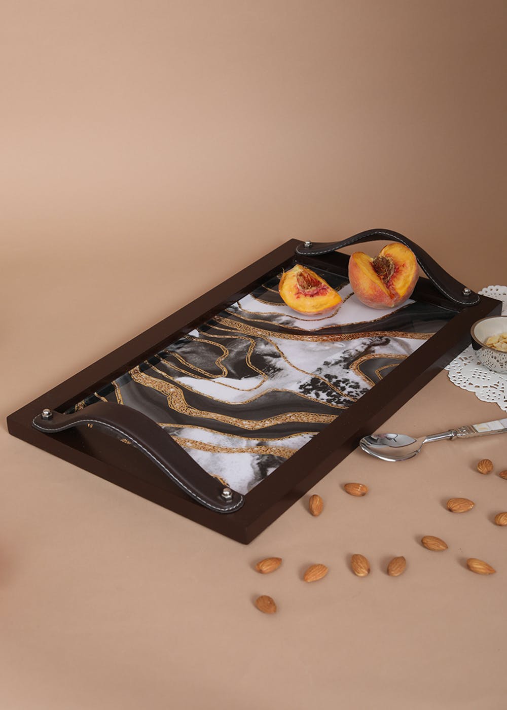 Abstract Black & Gold Leather Handle Tray