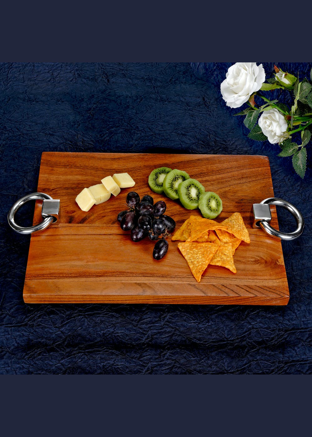 Serving Platter in Acacia Wood & Stainless Steel Handle-Small