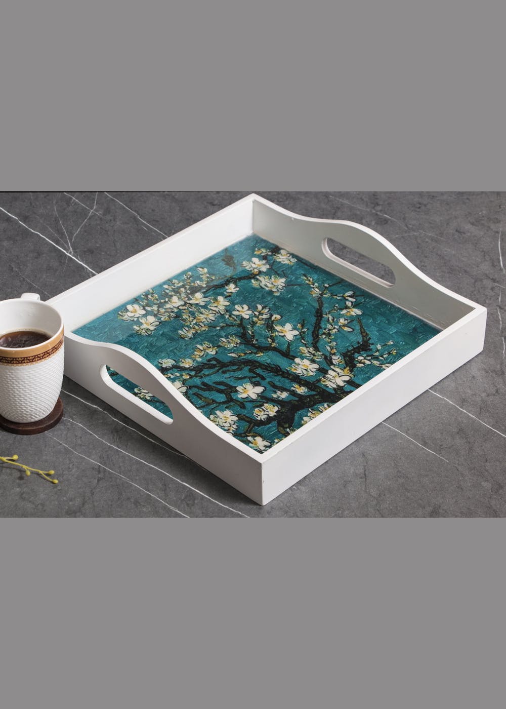 Get Handcrafted Serving Square Tray With White Blossoms At ₹ 1495 