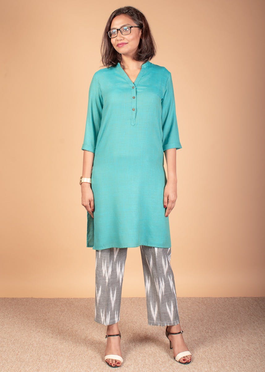 Get Solid Mandarin Collar Kurta With Ikat Pants Set At ₹ 1399 Lbb Shop