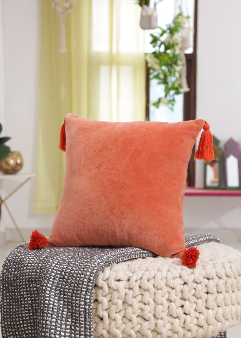 Cotton Velvet Cushion Cover With Tassels In Burnt Orange