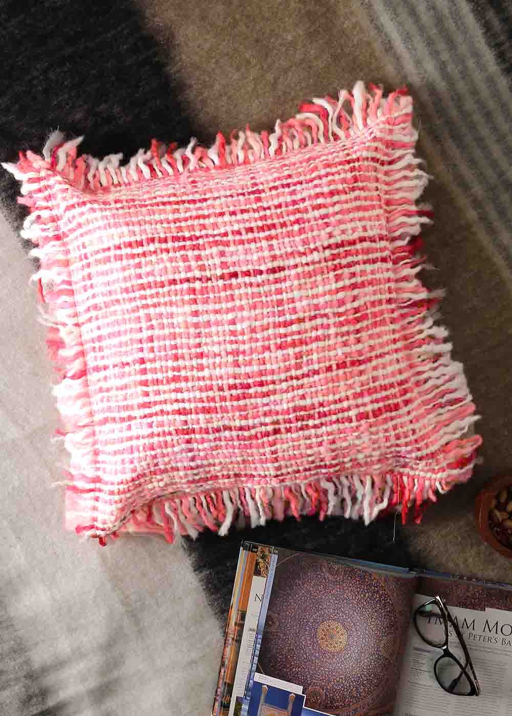Get Fuchia Soft Chunky Handwoven Acrylic Wool Cushion Cover With