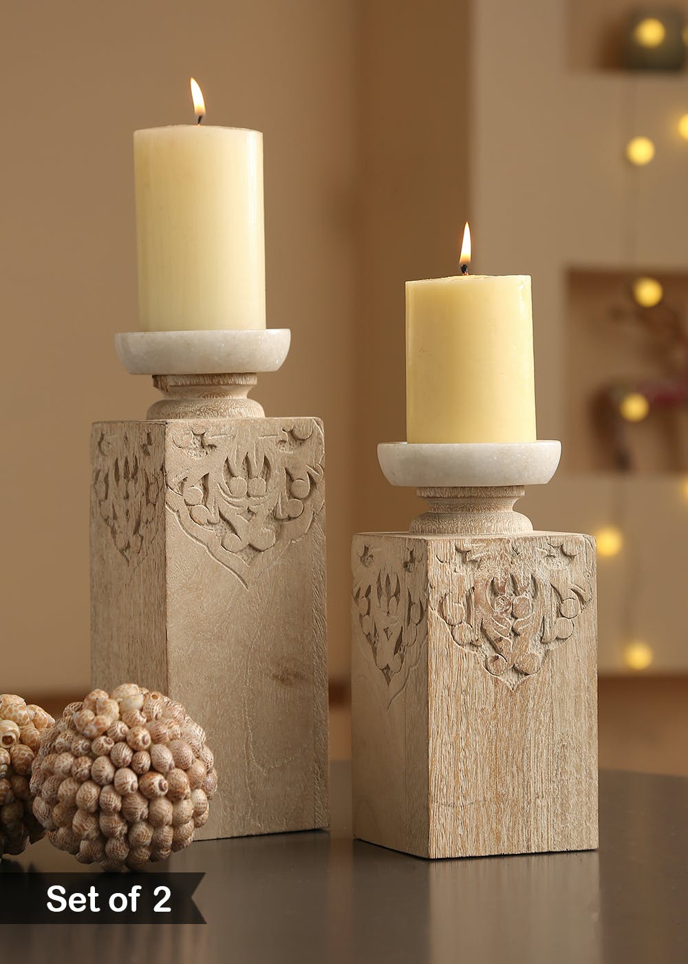 Get Hand Carved Candle Holders With Marble Top Set of 2 at ₹ 3040