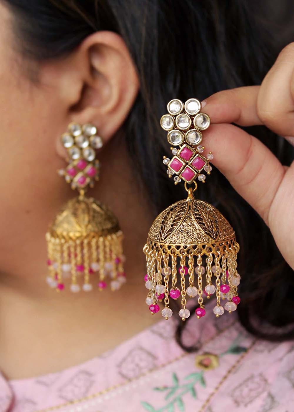 Traditional Handmade Customized Jhumka Earrings In Magenta Color