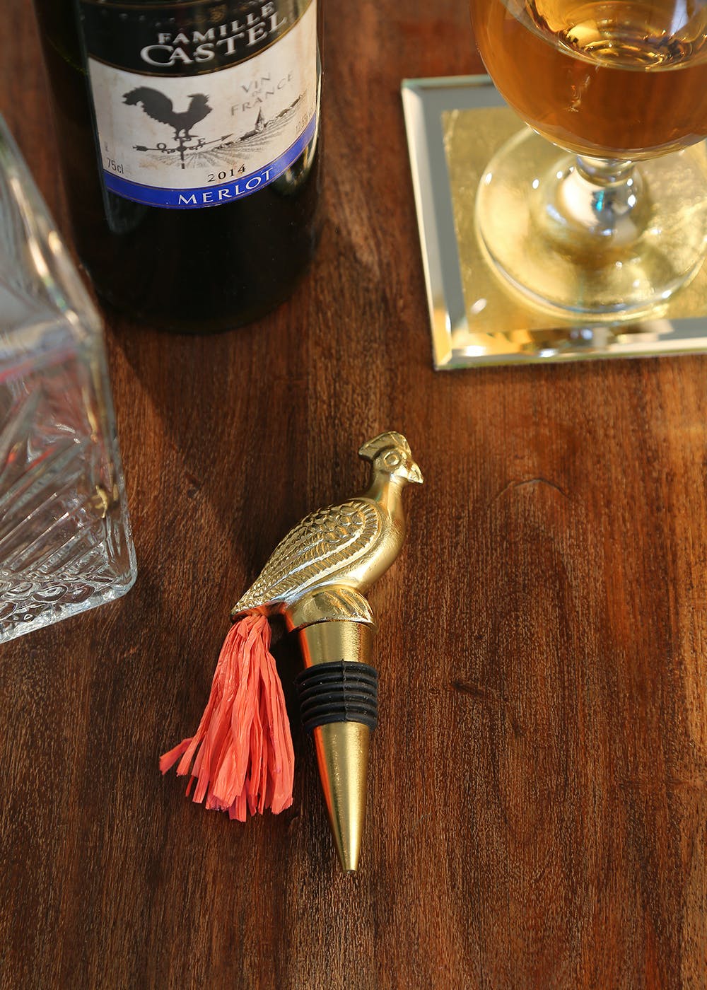 Gold Tone Wine Bottle Stopper In Rooster Design