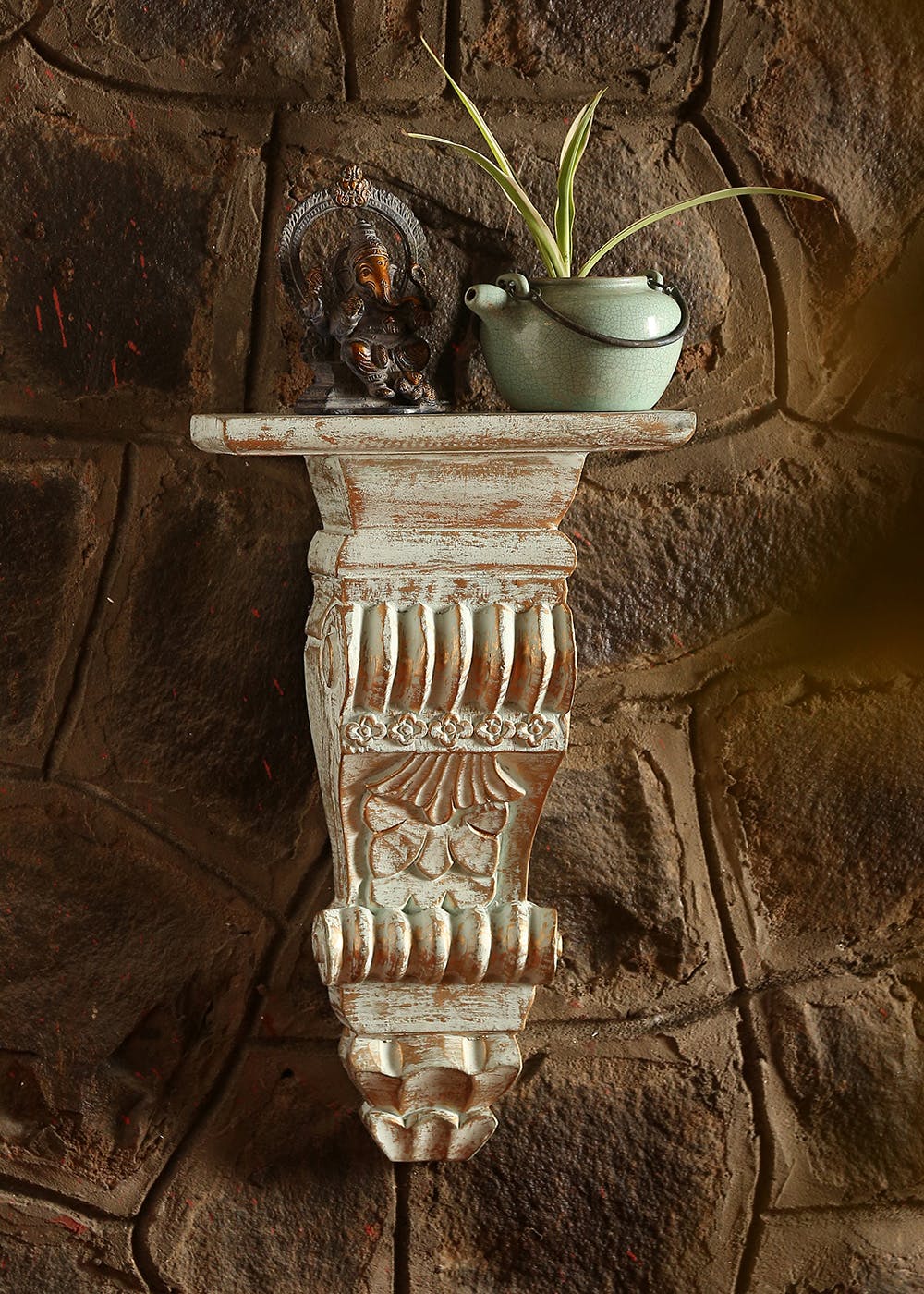Get Light Blue Hand Carved Wall Shelf With Antique Gold Finish at
