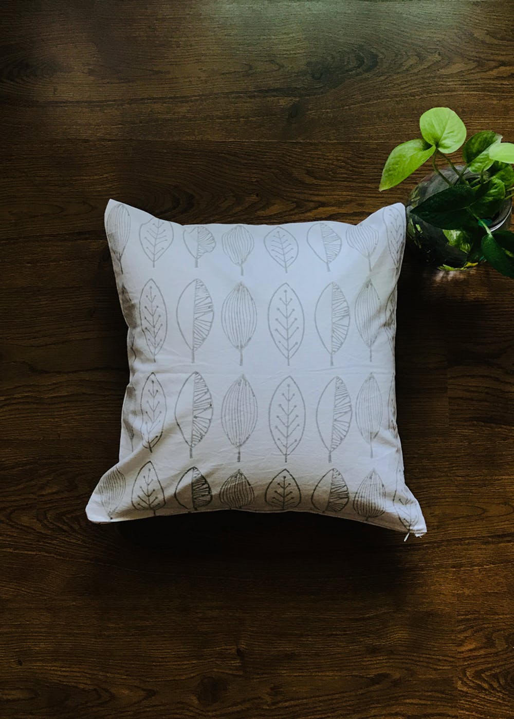 Leaves Printed Cushion Cover - Light Grey