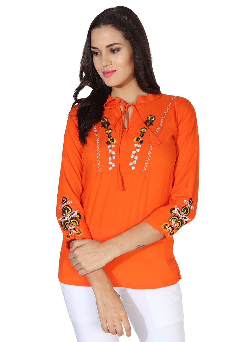 Get Neck Tie Detail Floral Embroidered Orange Top at ₹ 599 LBB Shop