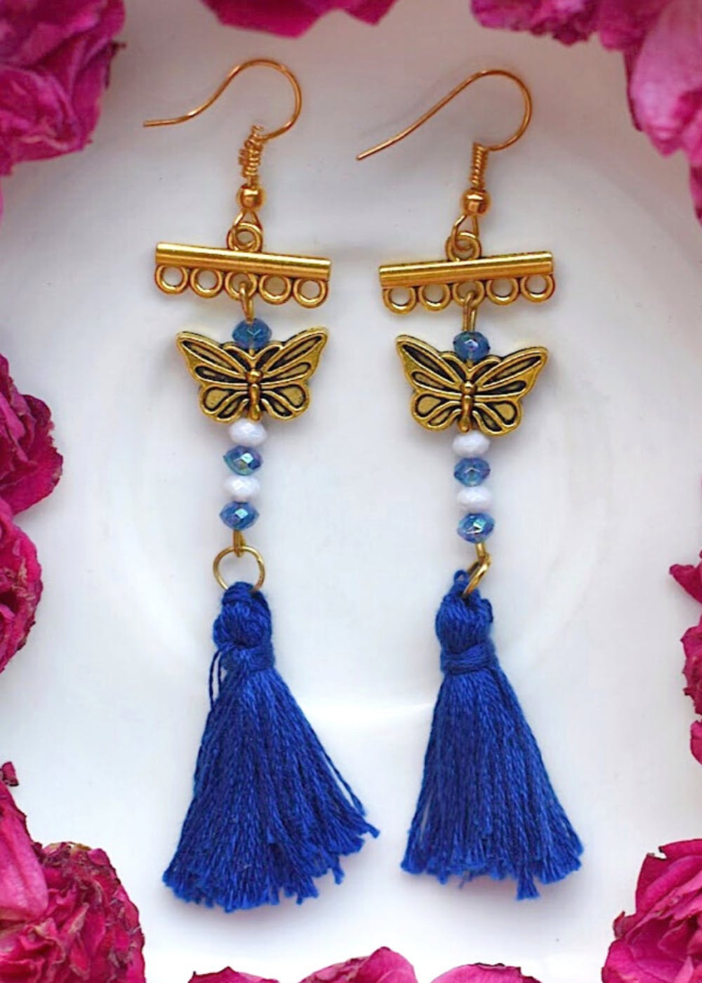 Butterfly Tassel Earrings - Blue