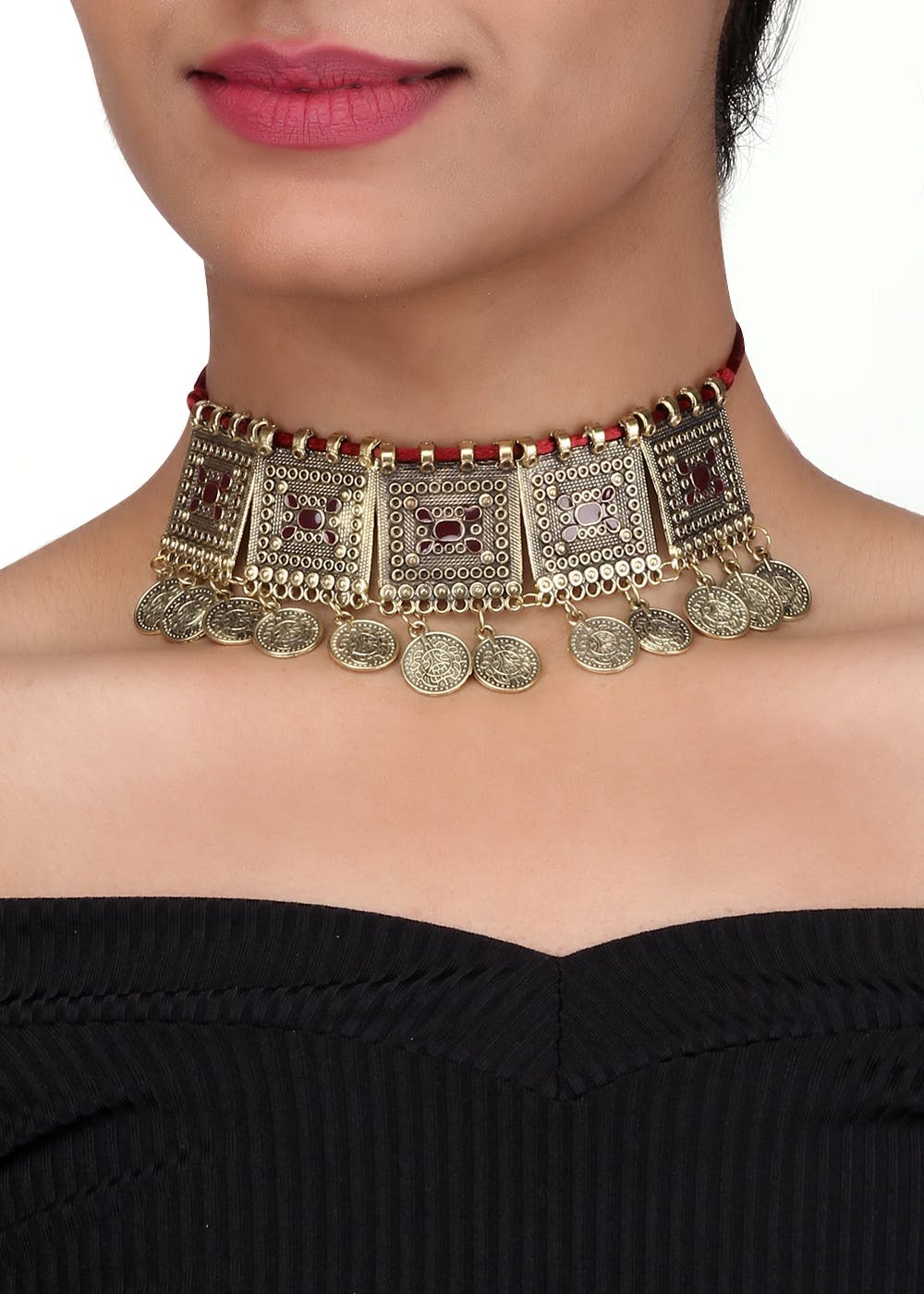 Coin Drop Red Ethnic Choker