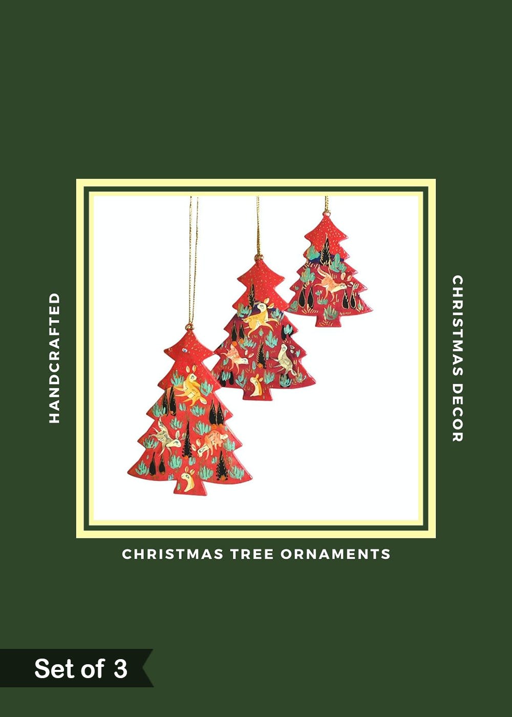 Get Set of 3 Handcrafted Paper Mache Christmas Hanging Tree Ornaments