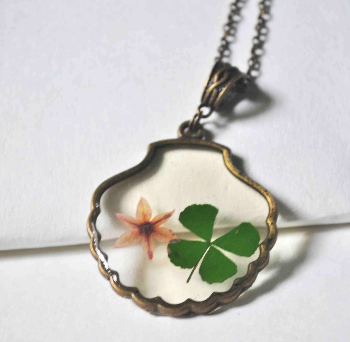 Pressed Four-Leaf Clover & Coral Vine Necklace