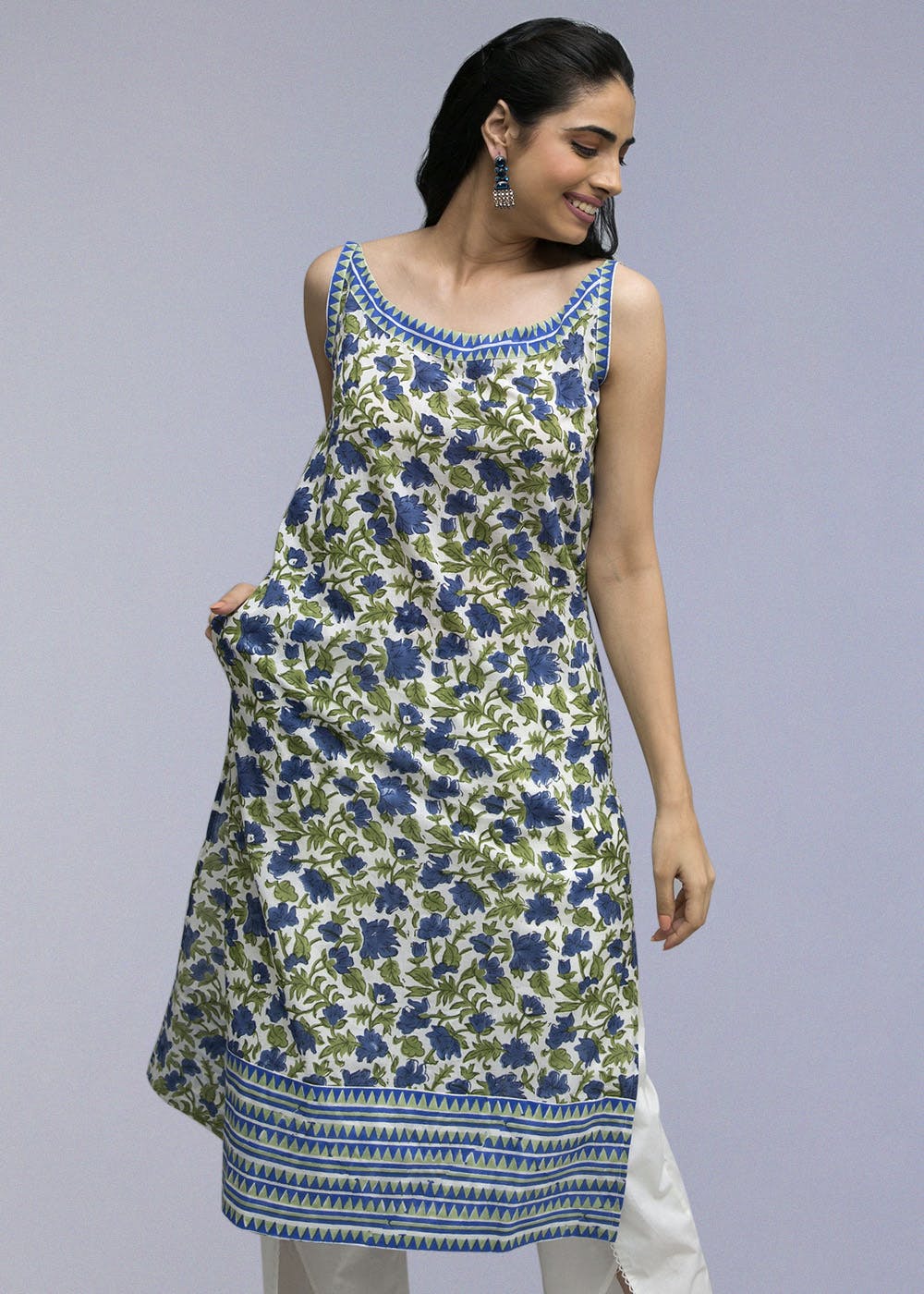 Get Blue Handblock Printed Kurta With 