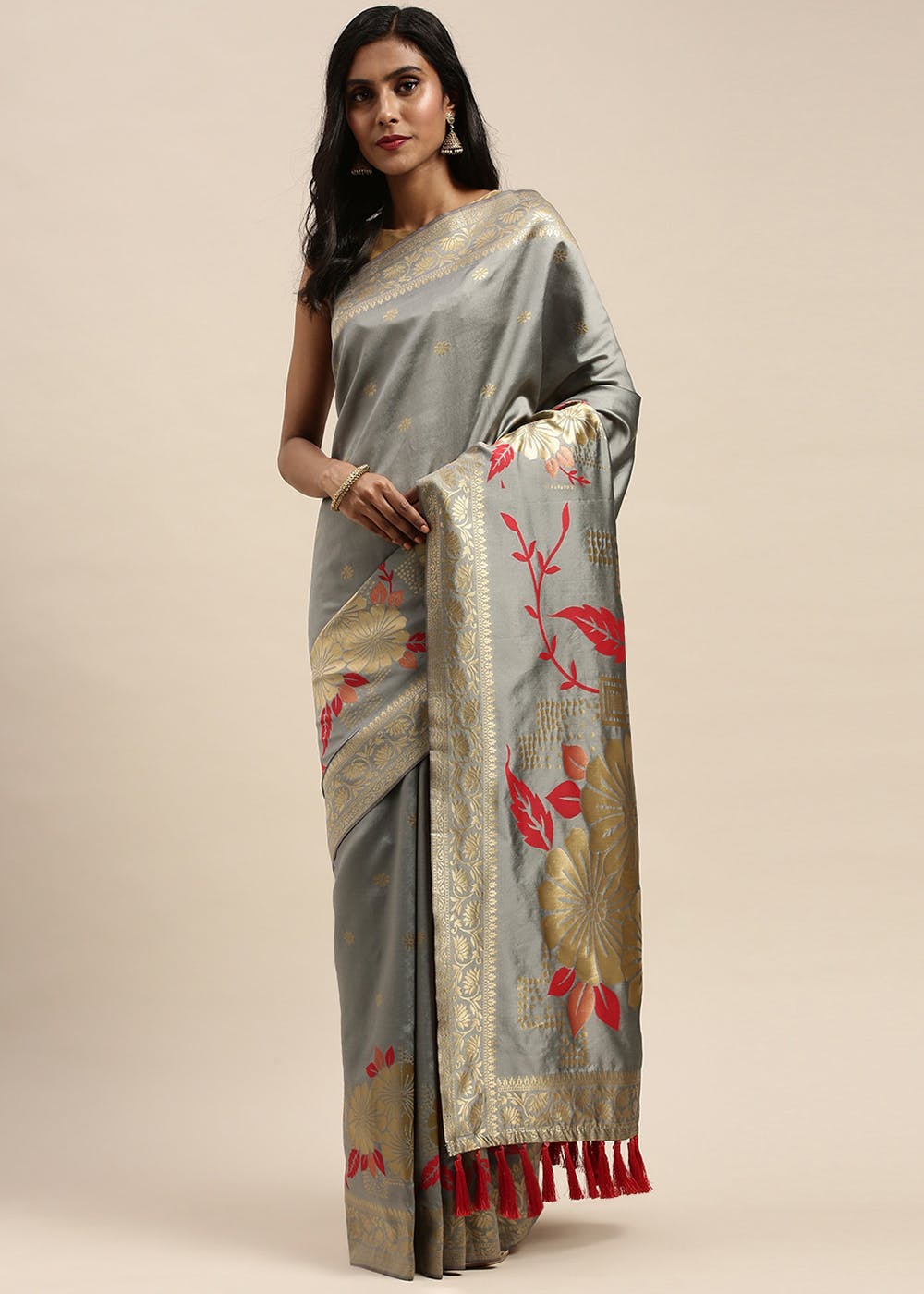 Get Grey And Gold-Toned Silk Blend Woven Design Banarasi Saree at ...