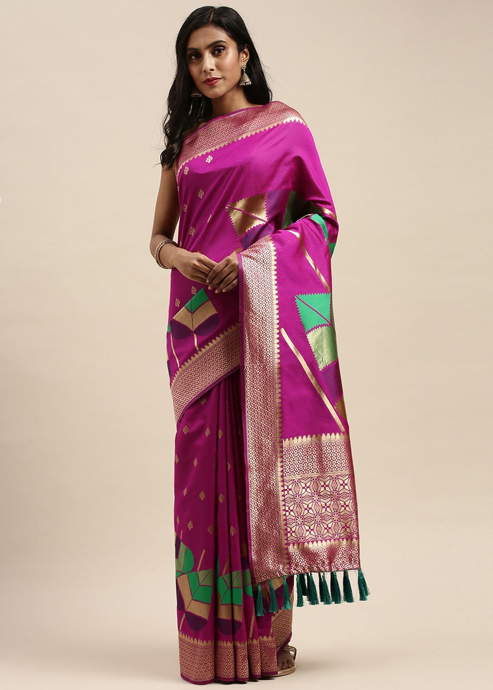 Get Magenta Pink And Gold-Toned Silk Blend Woven Design Banarasi Saree ...