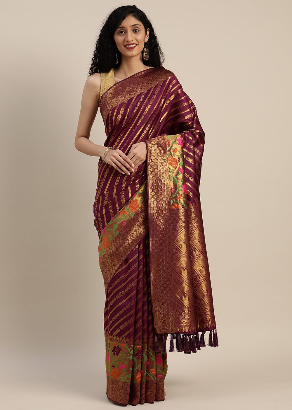 Burgundy Brocade Banarasi Golden Weaving Embellished TraditionalSaree