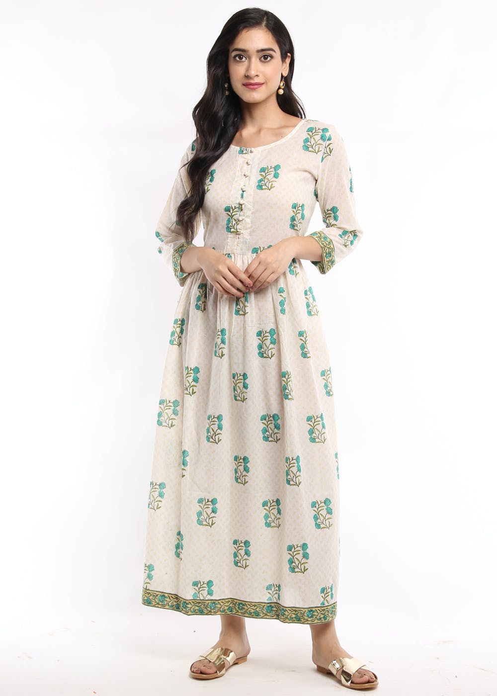 Contrast Floral Handblock Printed White Pleated Maxi Dress - Green