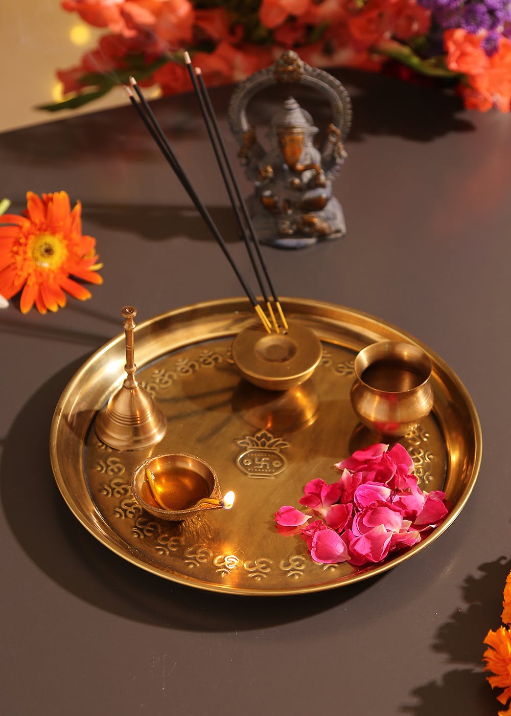 Get Antique Gold Finish Pooja Thali With Bell, Diya, Gadvi And Agarbati ...