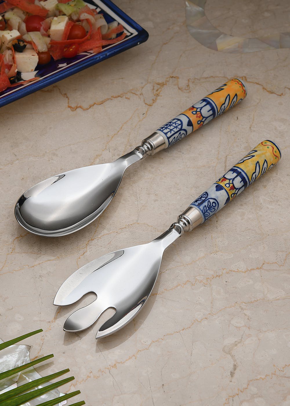 Get Stainless Steel Salad Server Set With Ceramic Handle Blue & Yellow