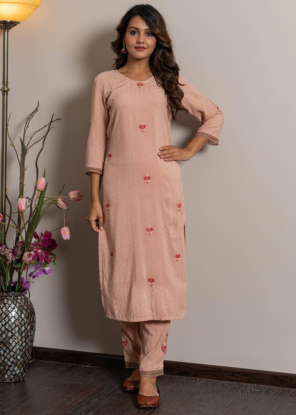 23-07-Georgette Sun Worked Aline Kurti-Dark Peach-23-07-003 – Colours Trendz