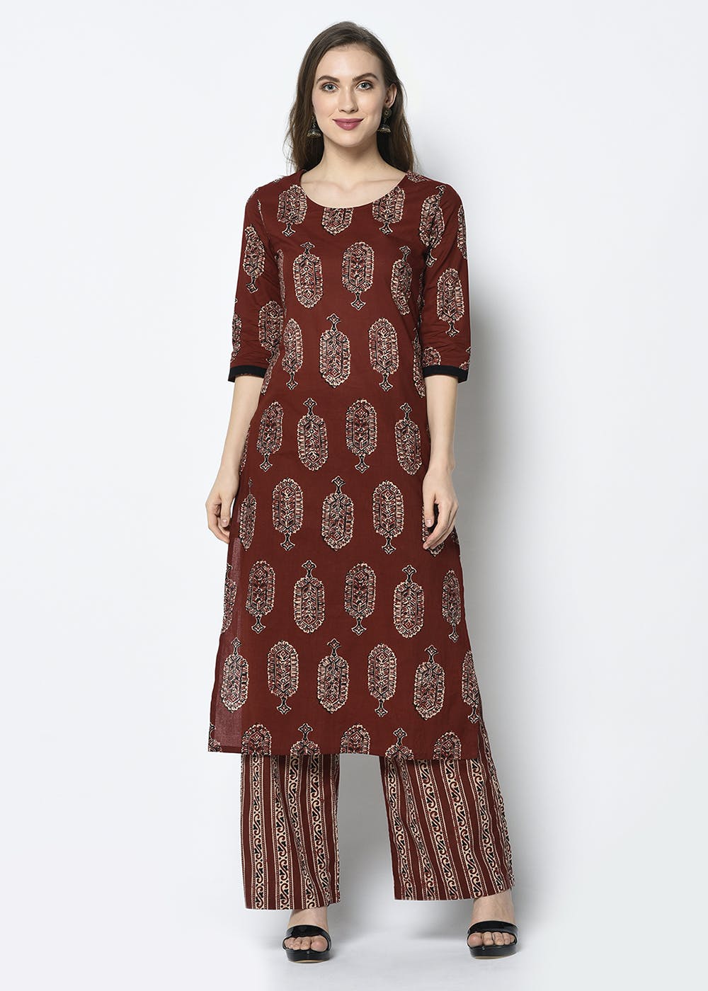 Get Maroon Block Printed Kurta and Palazzo Set at ₹ 1325 | LBB Shop