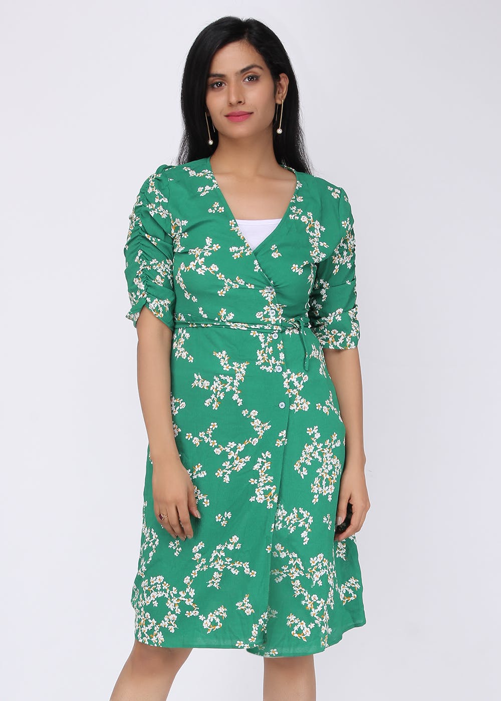 Wrap Neck Detail Green Floral Printed Shirt Dress