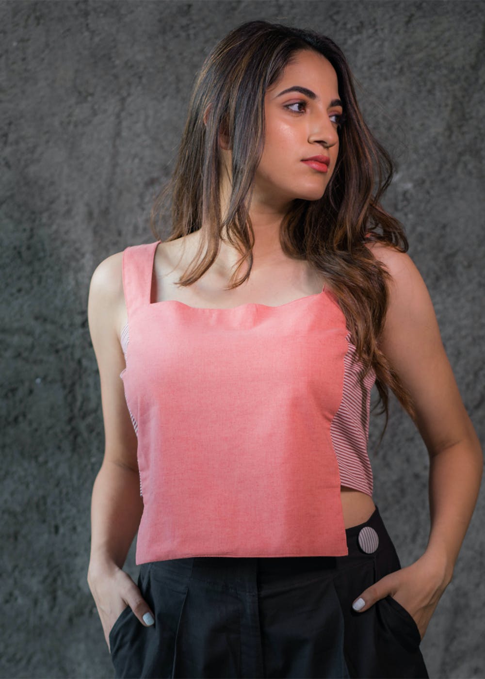 Side Stripes Detail Pink Sleeveless Boxy Top